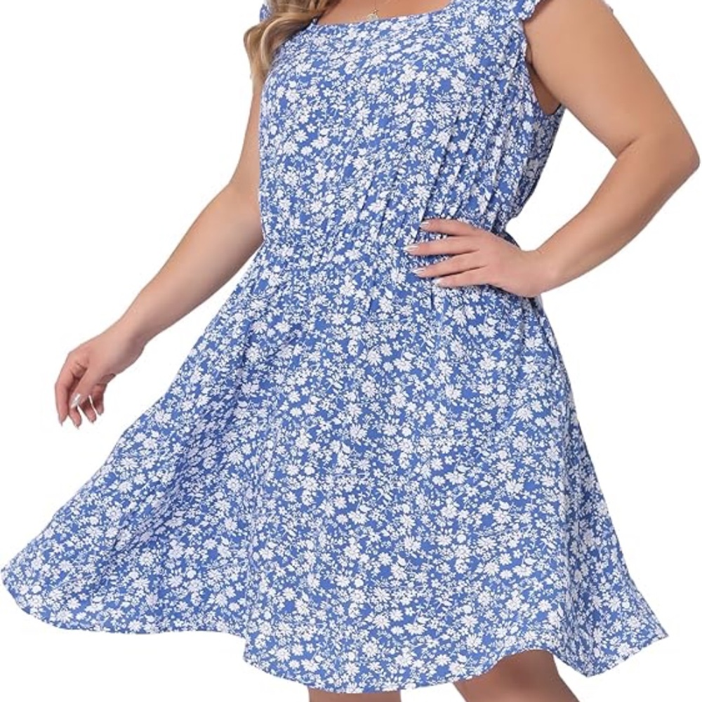 Agnes Orinda Square Neck Ruffle Short Sleeve Casual Midi Dress 1X